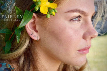 bohemian huggie hoops boho earrings sterling silver model female young